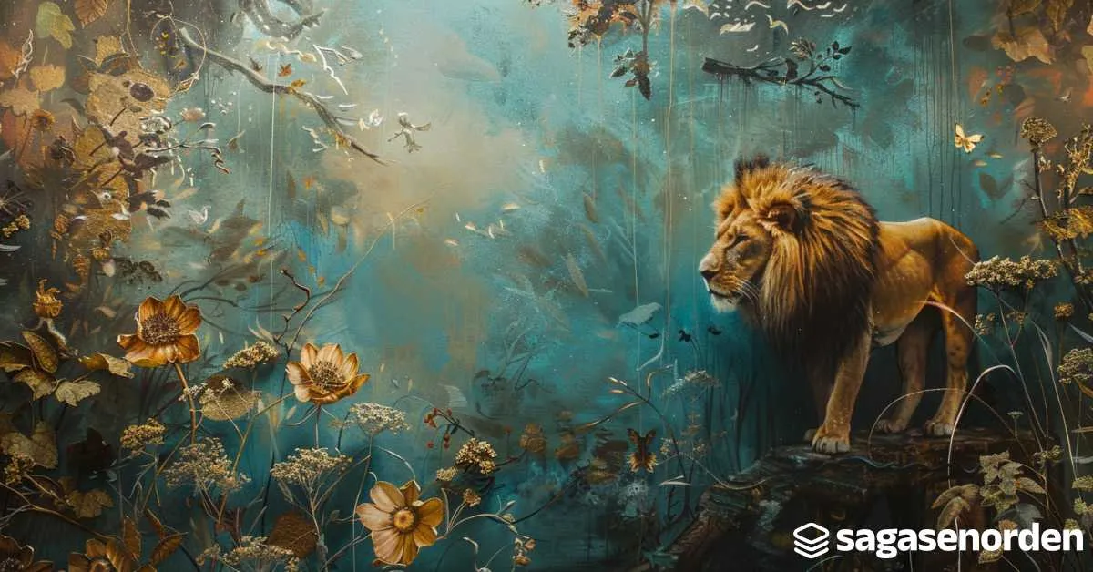 León de pie sobre un tronco en un bosque pintado con colores vibrantes y flores doradas, con el logo de "sagasenorden".