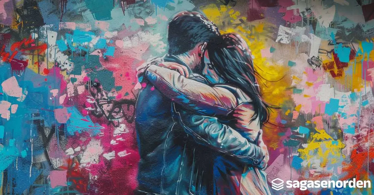 Mural colorido muestra una pareja abrazándose, con fondo de grafiti y salpicaduras de colores vibrantes. Logo de sagasenorden.