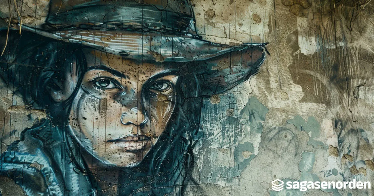 Mural de una mujer con sombrero de ala ancha, pintado en una pared deteriorada, con el logo de sagasenorden en la esquina.