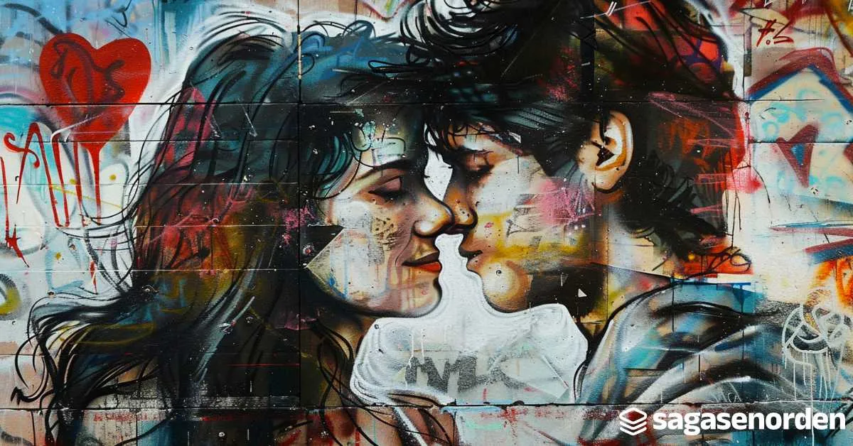 Mural colorido de una pareja tocando sus frentes, rodeados de graffitis y un corazón rojo en el fondo.