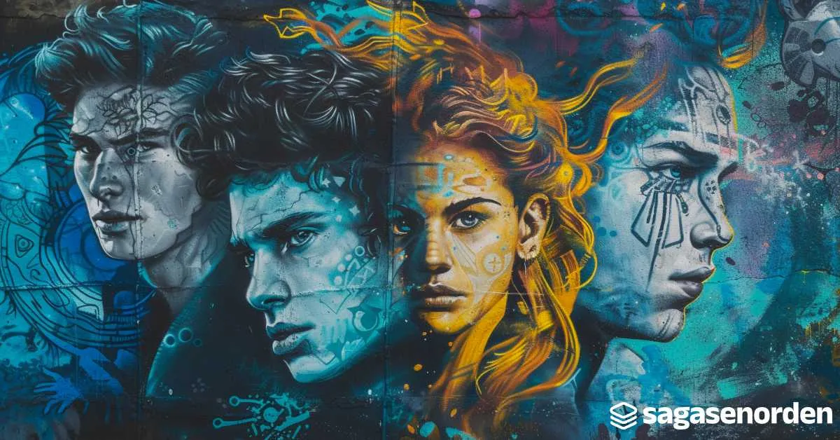 Mural colorido con rostros de cuatro personas jóvenes, cada uno con detalles futuristas y elementos abstractos a su alrededor.