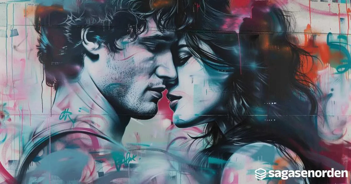 Grafiti de una pareja a punto de besarse, con colores vivos y fondo abstracto. Brand: "sagasenorden" en la esquina inferior derecha.