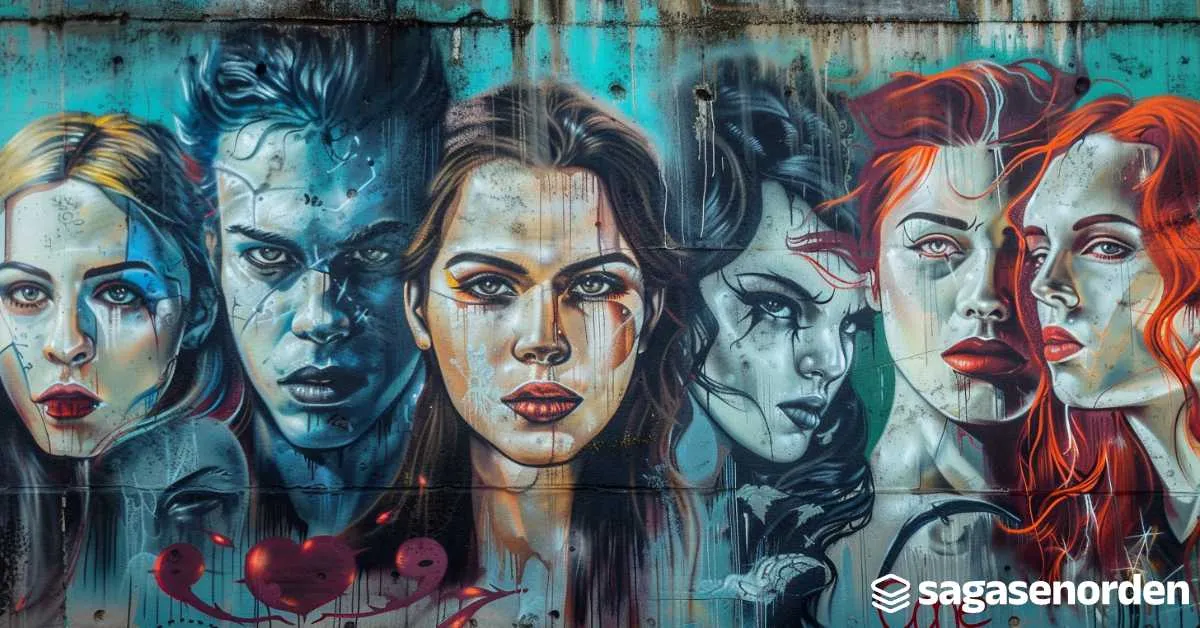 Mural de graffiti con seis retratos de caras femeninas y masculinas estilizadas con colores vibrantes y fondo azul.