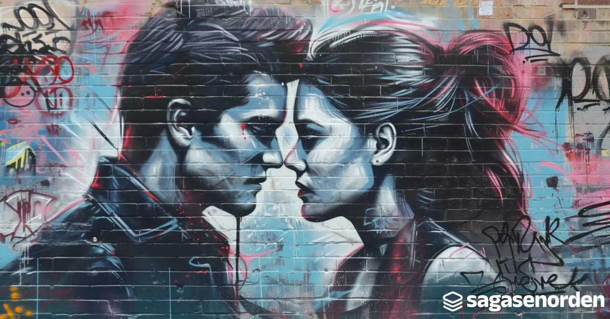 Mural en una pared de ladrillo con el retrato de un hombre y una mujer mirándose intensamente, rodeados de grafitis.