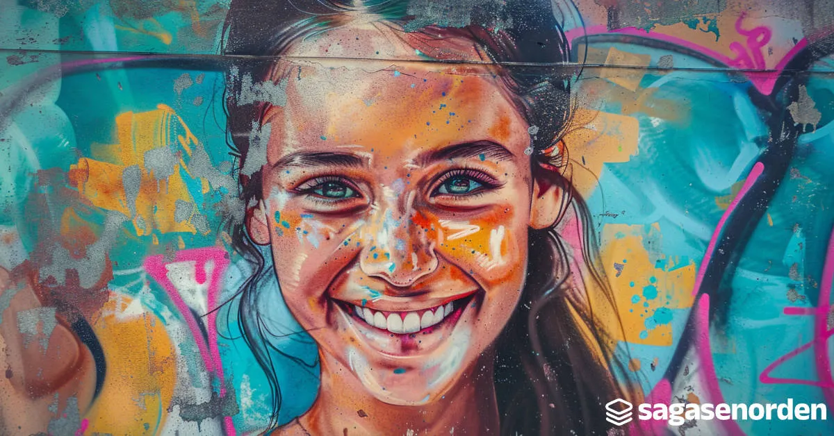 Retrato vibrante de una mujer sonriente pintado en un mural con colores llamativos y detalles artísticos.