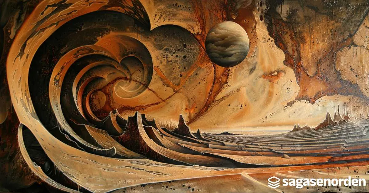 Paisaje surrealista con un planeta flotante y una estructura en espiral que recuerda a olas en tonos marrones y ocres.