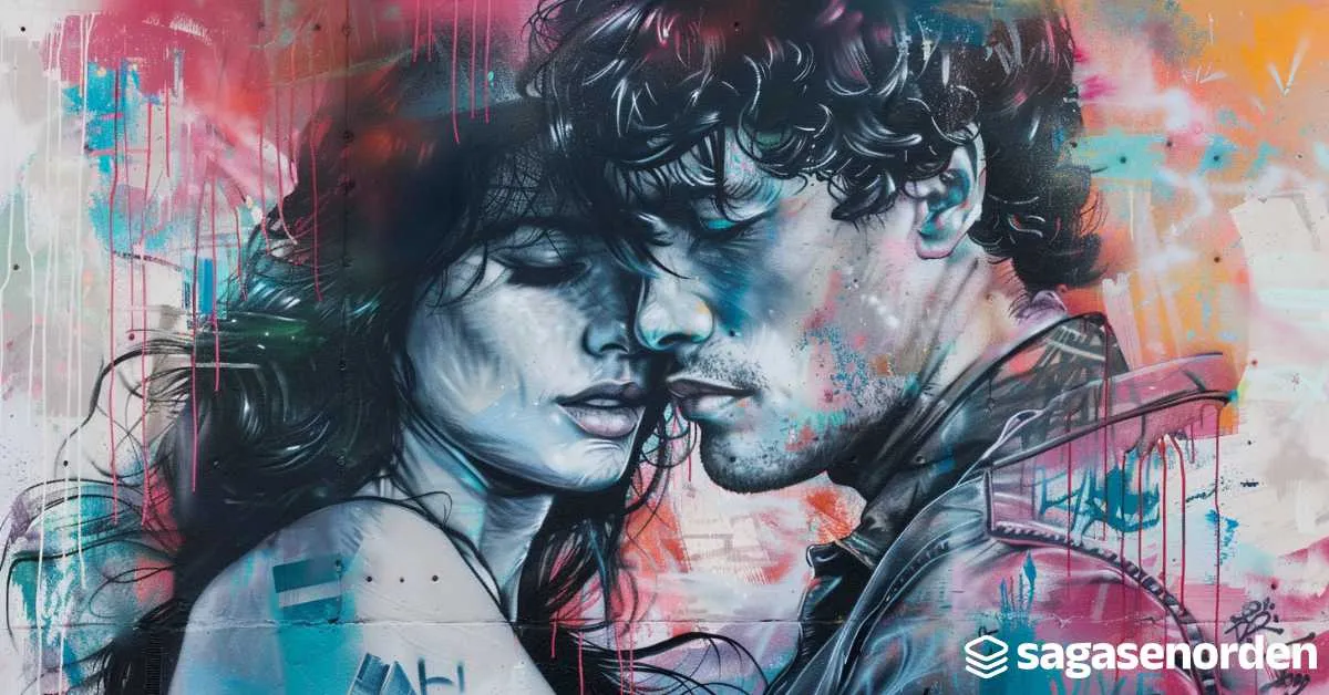 Mural con retrato de una pareja abrazada, con colores vibrantes y fondo abstracto. Logotipo de sagasenorden en la esquina inferior derecha.