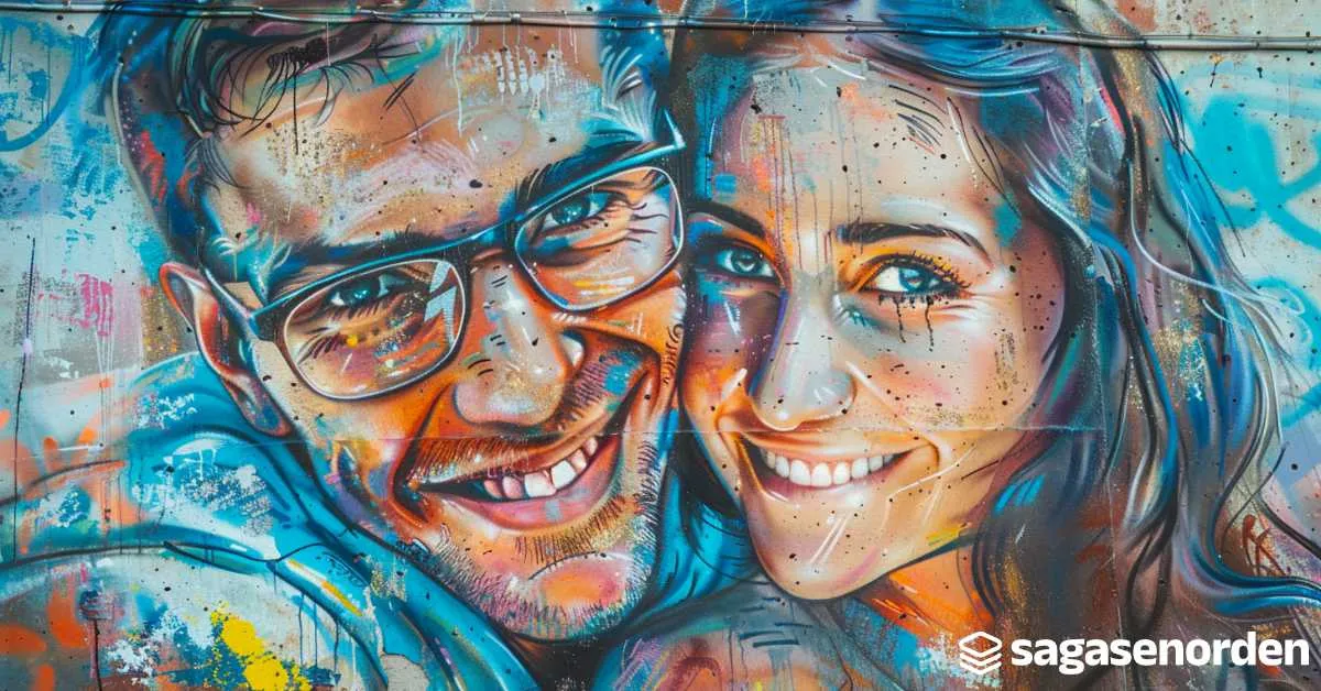 Mural vibrante con retrato de una pareja sonriente. Firmado por sagasenorden. Mezcla colores brillantes y detalles expresivos.