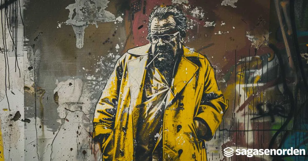 Grafiti de un hombre con abrigo amarillo y gafas de sol en una pared desgastada y llena de salpicaduras de pintura.