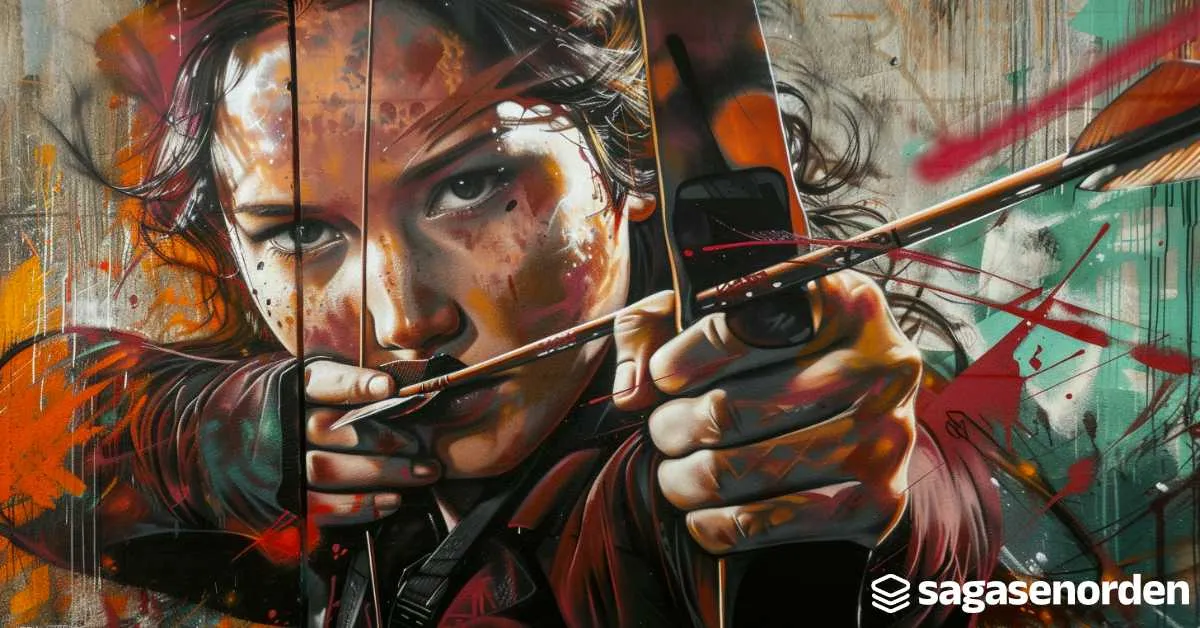 Mural de una joven tensando un arco con flechas, con colores vibrantes y detalles realistas en un fondo grafiteado.