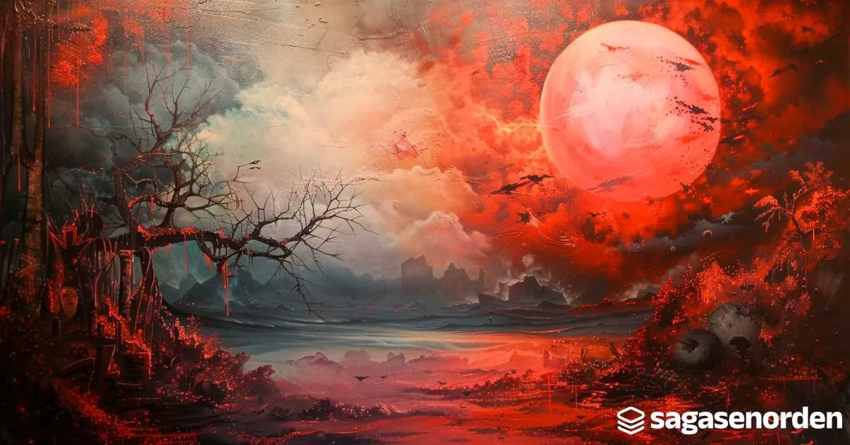 Paisaje surrealista con cielo rojo y nubes densas, un árbol seco a la izquierda y un gran sol rojo en el horizonte. Logos sagasnorden.