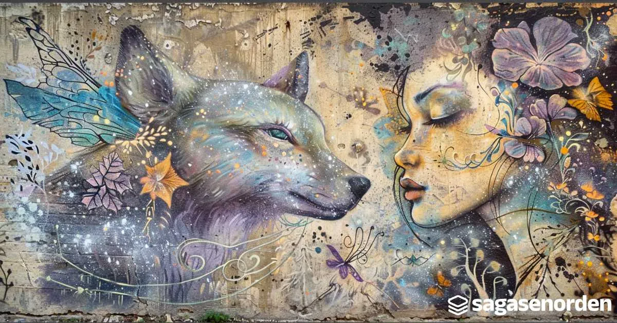 Mural artístico de un lobo y una mujer con alas y flores, pintura detallada en una pared urbana, fondo de colores vivos.