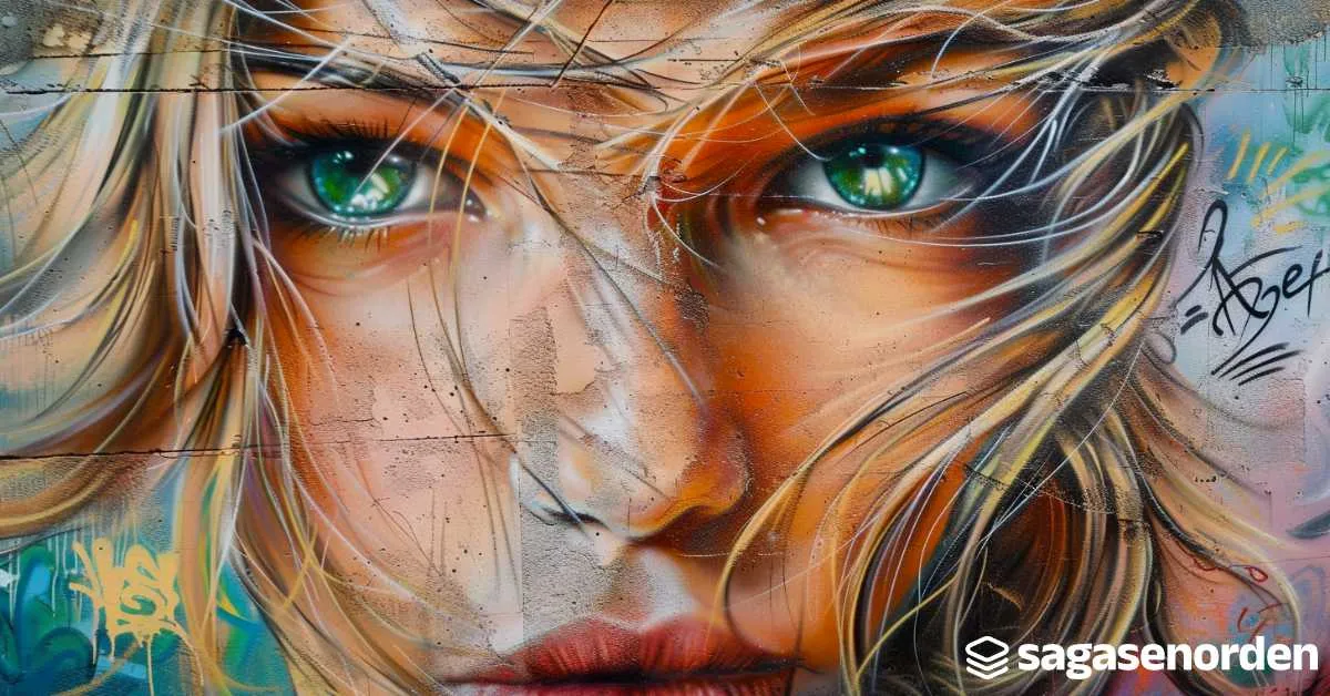 Graffiti de un rostro femenino con ojos verdes y cabello rubio en una pared de cemento, firmado por el artista.