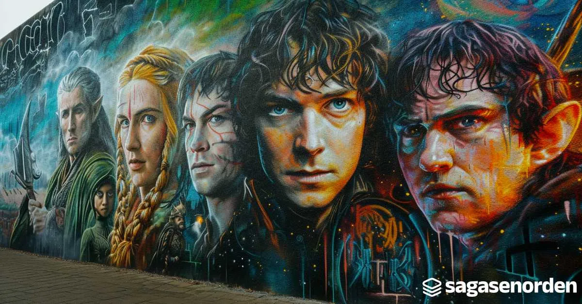 Mural colorido de personajes de fantasía, incluyendo varios con orejas puntiagudas, miradas intensas y expresiones serias.