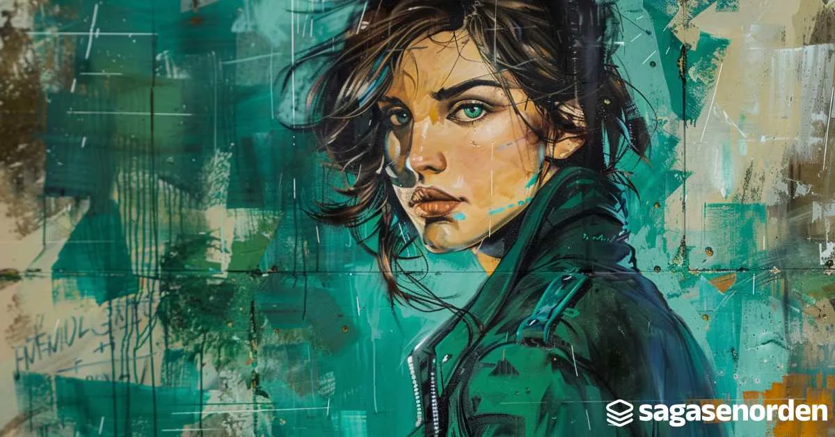 Pintura de una mujer con mirada intensa y chaqueta oscura sobre un fondo abstracto verde. Logos de Sagasenorden en la esquina.